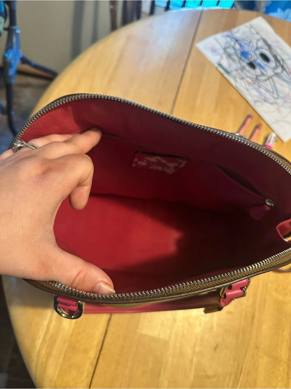Coach Brown Signature Dome Satchel with Pink Trim and Matching Pink Wallet